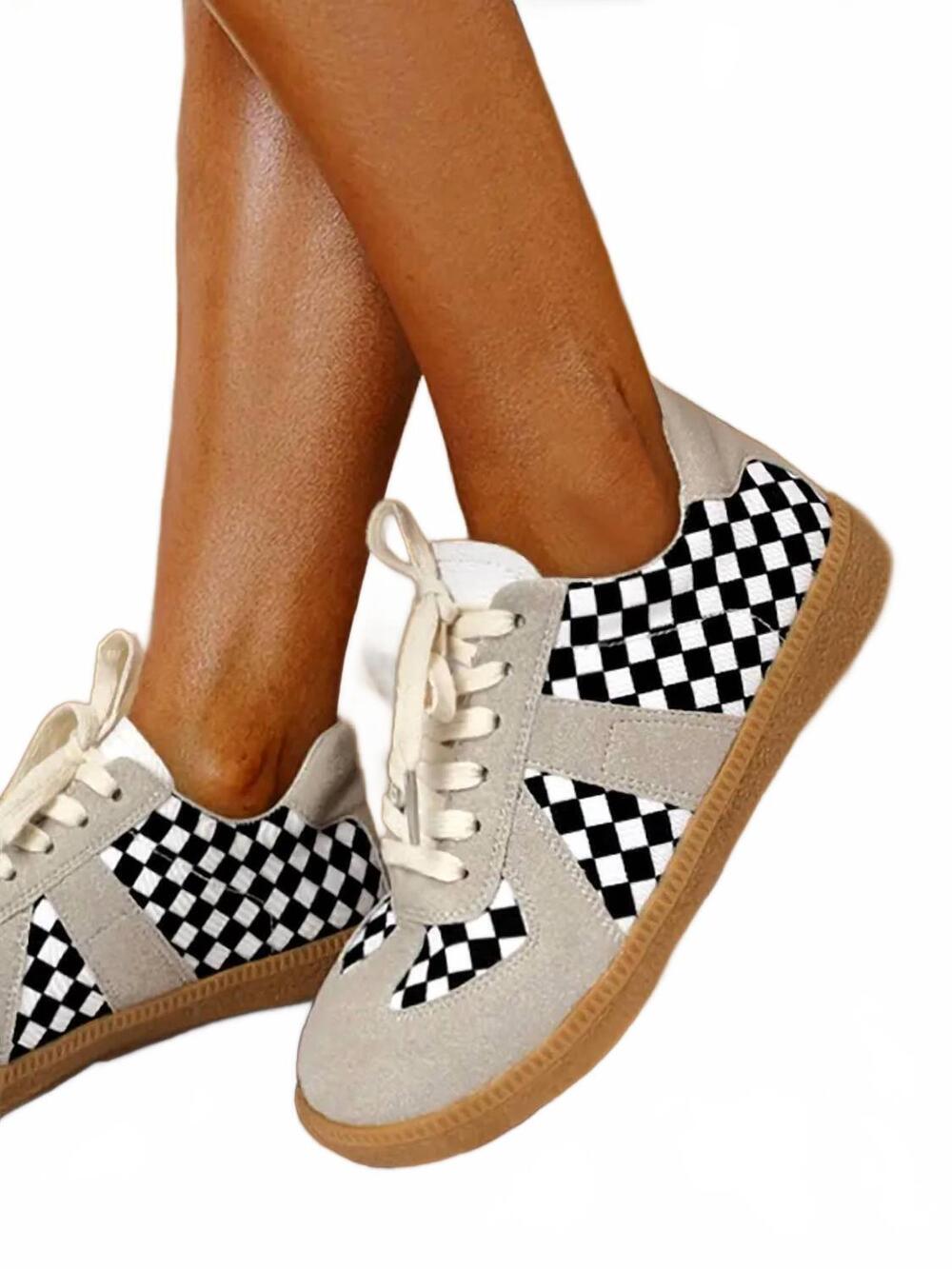 NEW 1 THE WOMAN women's checkerboard patchwork sneaker in black/ grey